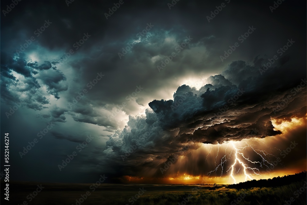 Poster a stormy dark sky with black clouds and sparkling lightning from behind which the sun and direct sun
