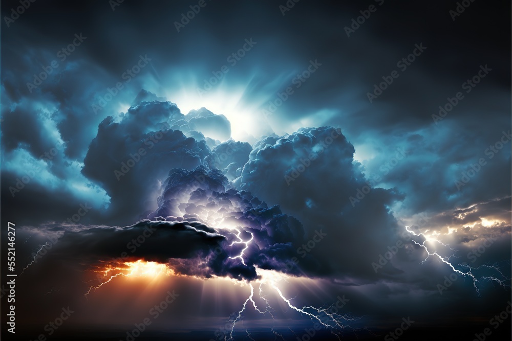 Poster a stormy dark sky with black clouds and sparkling lightning from behind which the sun and direct sun