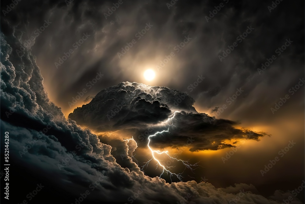 Poster a stormy dark sky with black clouds and sparkling lightning from behind which the sun and direct sun