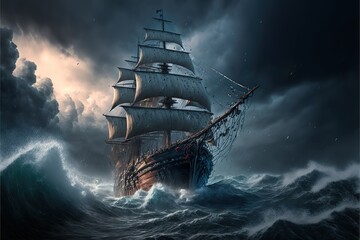 A medieval ship is caught in a storm in the ocean. AI - obrazy, fototapety, plakaty