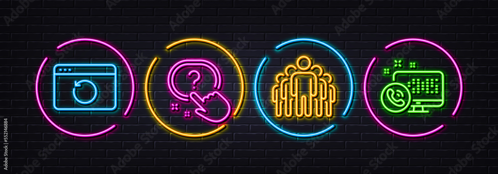 Poster recovery internet, group and question button minimal line icons. neon laser 3d lights. web call icon