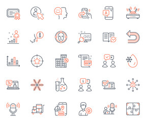 Technology icons set. Included icon as Face detect, Chemistry flask and Certificate web elements. Puzzle, Ab testing, Interview icons. Person idea, Online survey, Wifi web signs. Undo. Vector