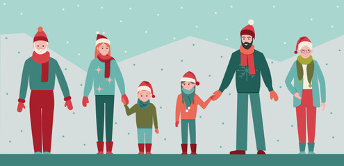 Family of mom, dad, daughter, son with grandparents stands. Set of cartoon characters in winter hats, scarves and mittens. Flat vector illustration isolated on color background
