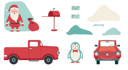 Santa Claus with gift bag, car, penguin in winter christmas collection. Set with mailbox, letters, snowdrifts, snowflakes. Flat vector illustration isolated on white background