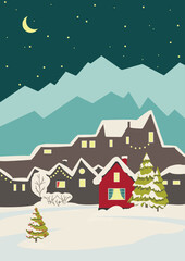 Winter night town in mountains on eve of Christmas. Red house with Christmas trees, garlands, light in windows, moon, stars shine in dark sky. Flat vector illustration, postcard or poster