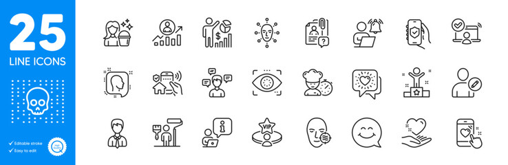 Outline icons set. Heart rating, Cyber attack and Problem skin icons. User notification, Painter, House security web elements. Security app, Businessman, Head signs. Vip table. Vector