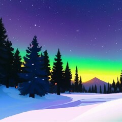 Magical forest in snow, Aurora Borealis illustrations set