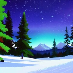 Fototapeta na wymiar Magical forest in snow, Aurora Borealis illustrations set
