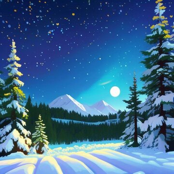 Magical forest in snow, Aurora Borealis illustrations set