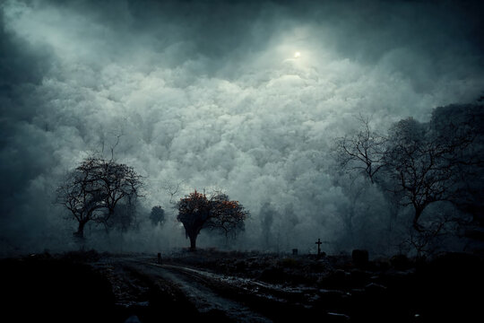 Haunted dry night forest landscape with glowing lights. Horror spooky landscape concept art.