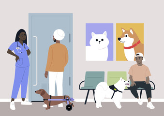 A young veterinary doctor talking to visitors in the lobby, domestic animals health care