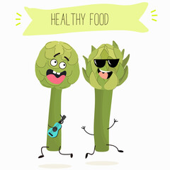 Vector illustration of funny cartoon artichoke character playing ukulele, guitar. Healthy food, cuisine, ingredients, children's t-shirt design.