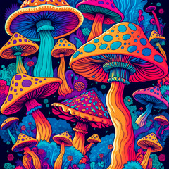 Psychedelic mushrooms, limited colors, pattern Generative AI