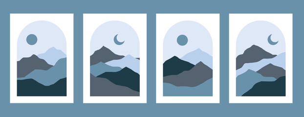 Set of posters with mountain landscape concept and pastel colors. Great design for social media, prints, wall decoration. Vector illustration