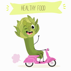 Vector illustration of a funny cartoon artichoke character riding a scooter. Healthy food, cuisine, ingredients, children's t-shirt design.