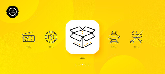 Fototapeta na wymiar Open box, Baby carriage and Boarding pass minimal line icons. Yellow abstract background. Parcel tracking, Lighthouse icons. For web, application, printing. Vector