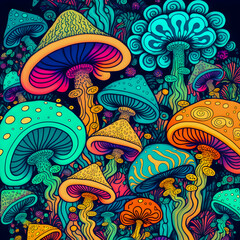 Psychedelic mushrooms, limited colors, pattern