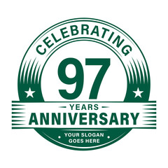 97 years anniversary celebration design template. 97th logo. Vector and illustrations.