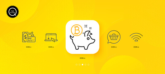 Fototapeta na wymiar Card, Wifi and Scroll down minimal line icons. Yellow abstract background. Shopping cart, Bitcoin coin icons. For web, application, printing. Bank payment, Wi-fi internet, Landing page. Vector