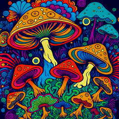 Fototapeta na wymiar Psychedelic mushrooms, limited colors, pattern