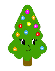 Cute Christmas tree.Green kawaii tree with ball