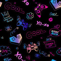 Cartoon gamepads repeat print for girl textile, fashion clothes, wrapping paper. Girlish game pads seamless pattern. Fancy gaming ornament with neon hearts, joystick, crown, speech comics cloud, text © Kseniia Koval