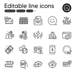 Set of Technology outline icons. Contains icons as Smartphone payment, 360 degrees and Safe energy elements. Smile face, Survey progress, Packing boxes web signs. Inspect. Vector