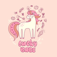 Obraz premium Cute unicorn illustration with sketch sign of magic wand, ring, flowers, hearts, cloud. Pony girl poster. Fairytale horse cartoon character for t shirt design.