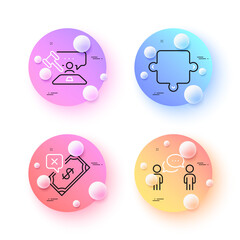 Consulting business, Judge hammer and Puzzle minimal line icons. 3d spheres or balls buttons. Rejected payment icons. For web, application, printing. Team meeting, Judgement, Puzzle piece. Vector