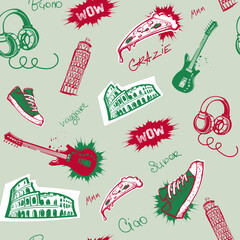 Abstract seamless pattern with Italy flag colors, coliseum Rome linear illustration, pizza slice, Keds, tower of Pisa, post stamp, guitar, headphones, Italian phrases. Travel repeat ornament © Kseniia Koval