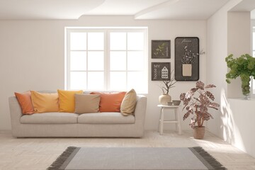 White living room with sofa. Scandinavian interior design. 3D illustration