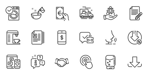 Outline set of Social media, Finance and Article line icons for web application. Talk, information, delivery truck outline icon. Include Puzzle, Loan percent, Click icons. Vector