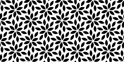 Flower seamless pattern. Repeating geometric leaf. Black floral on white background. Repeated abstract simple for design spring prints. Repeat leaves. Monochrome modern swatch. Vector illustration