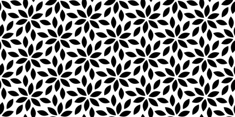 Flower seamless pattern. Repeating geometric leaf. Black floral on white background. Repeated abstract simple for design spring prints. Repeat leaves. Monochrome modern swatch. Vector illustration