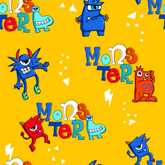 funny cartoon monsters seamless pattern with alphabet. Colorful kid doodle print. 