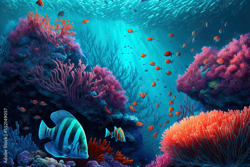 Wall mural Lovely underwater scene with colorful fish and corals. Generative AI - Wall murals