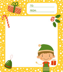 Cute Christmas greeting card with cute boy elf. Lined sheet paper cartoon vecto