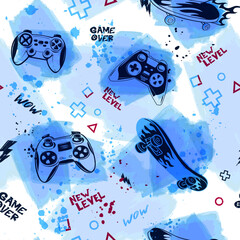 Abstract seamless pattern with gamepads and skateboards on spots watercolor background and text new level, game over, wow. © Kseniia Koval