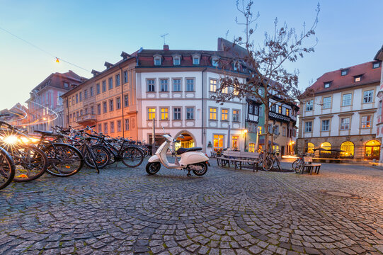Bamberg. Old town square in night illumination at sunset. © pillerss