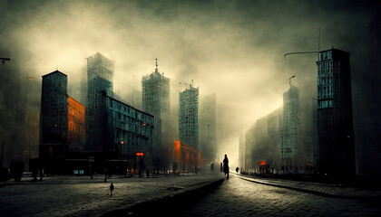 Vintage misty city streets with buildings on both sides. Muted sin city style.  - obrazy, fototapety, plakaty