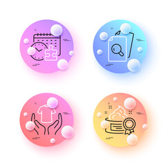 Inspect, Puzzle time and Hold t-shirt minimal line icons. 3d spheres or balls buttons. Cream icons. For web, application, printing. Search document, Jigsaw game, Laundry shirt. Best lotion. Vector