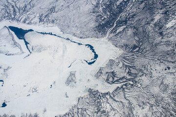 Ariel view over the frozen southern tip of the Hudson Bay in Canada. Digitally enhanced. The...