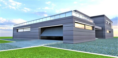 Fototapeta na wymiar Contemporary design warehouse constructed with metal parts. Entrance with lifting gate for vehicles inside the building. 3d rendering.
