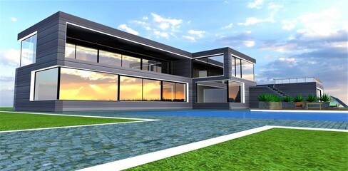 Fototapeta na wymiar Exclusive desighn contemporary house with white day lights. Blue pool with clean cool water. 3d rendering.
