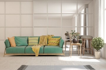 White living room with sofa. Scandinavian interior design. 3D illustration