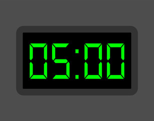 5 hours digital clock. Alarm clock design for schedule. Timer icon with digital numbers for appointments and business