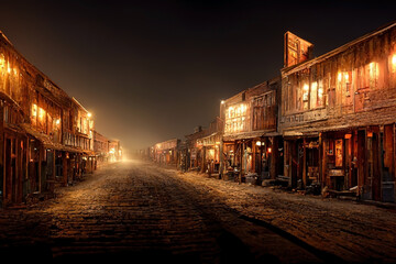 Old west small town. Dirt road with western small wooden houses on both sides. - obrazy, fototapety, plakaty