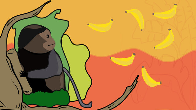 Colorful Drawing Of Monkey In The Jungle Watching Falling Bananas.