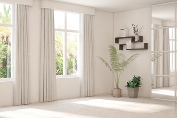 White empty room with summer landscape in window. Scandinavian interior design. 3D illustration