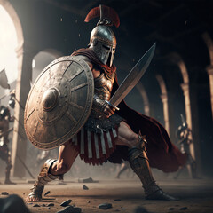 Gladiator in a helmet with a sword and shield in armor in the midst of a fight, vintage fights without rules, 3D graphic - obrazy, fototapety, plakaty
